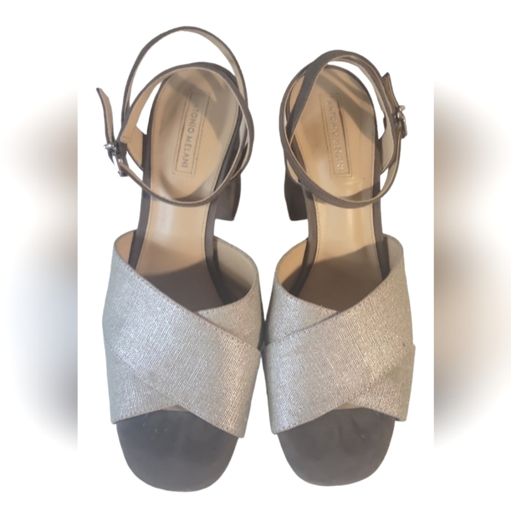 Antonio Melani Biege & Brown Ankle Strap Block Heels Fabric/Leather Sandals 8.5M